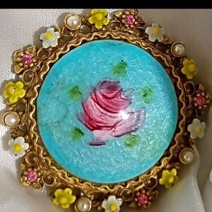 Vintage Enamel Handpainted Rose Stones Pearls Daisies ART Pepper Signed Brooch
